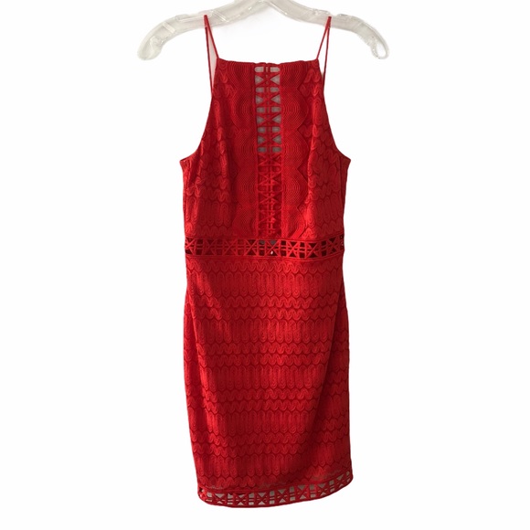 Topshop Red Lace Bodycon Cocktail Dress 4 - Picture 2 of 10